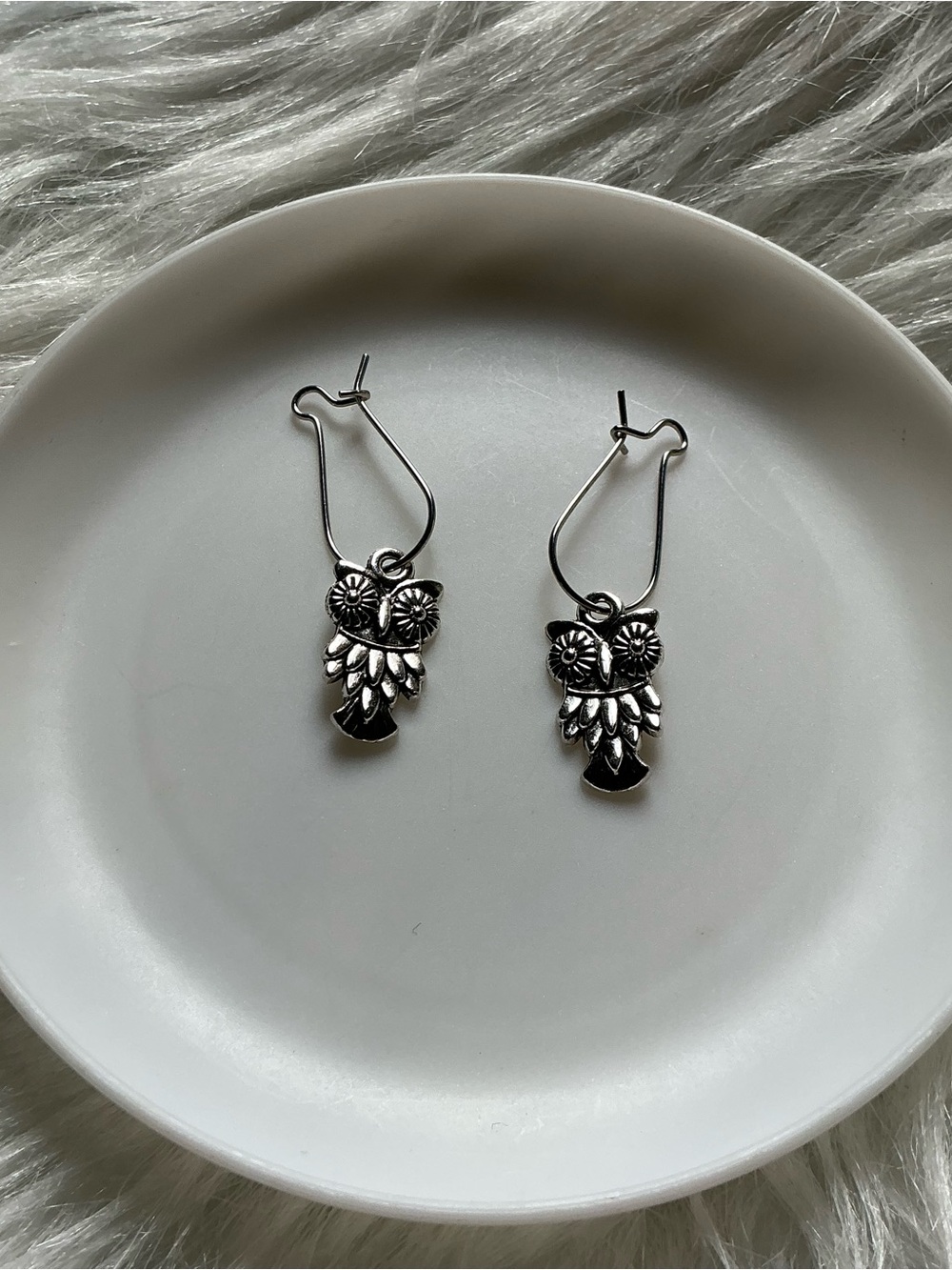 Silver-tone Small Hoop Owl Dangle Earrings